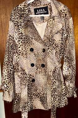 Lisa International Women's Leopard Print Double Breasted Belted Trench Coat Size
